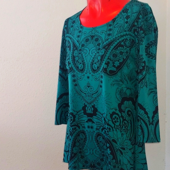 Blue Mood Petite Med Women's Stretch Green Paisley Top - Picture 3 of 12